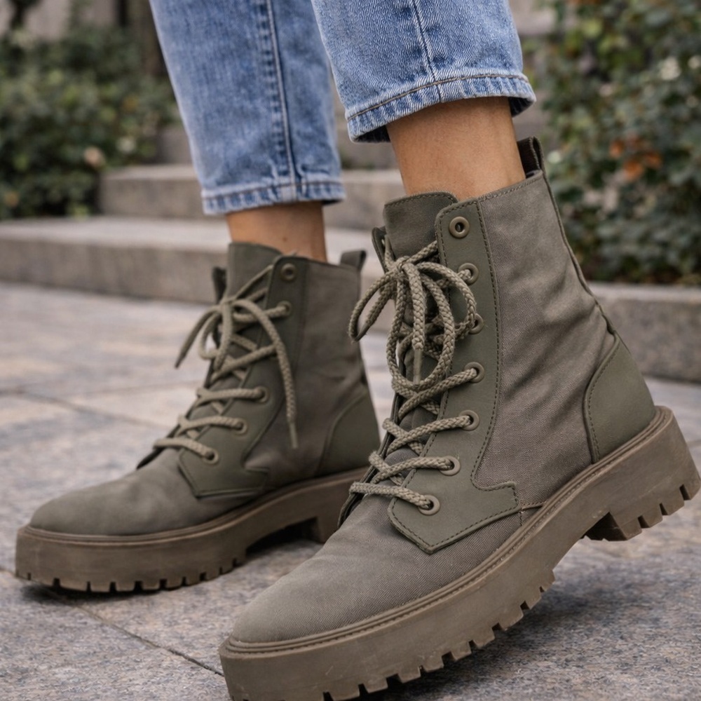 Zara Olive Combat Boots Platform Lace Up Military Style Size 37